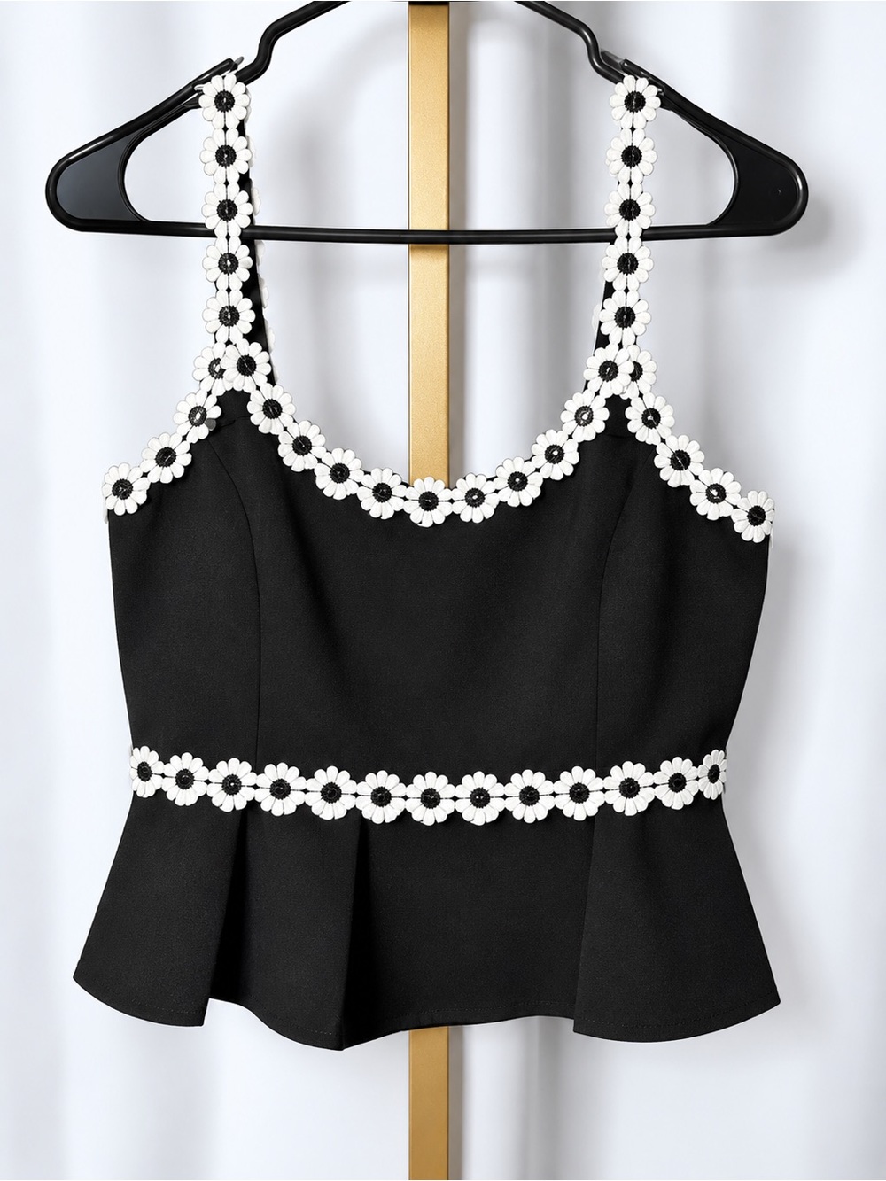 Black Floral-Trim Peplum Camisole